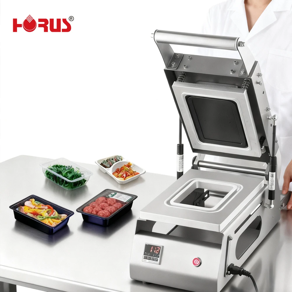 Horus 480 Boxes/H Plastic Film Packaging Machine Manual Heat Sealing Fast Food Salad Plastic Meal Tray Sealer For Food