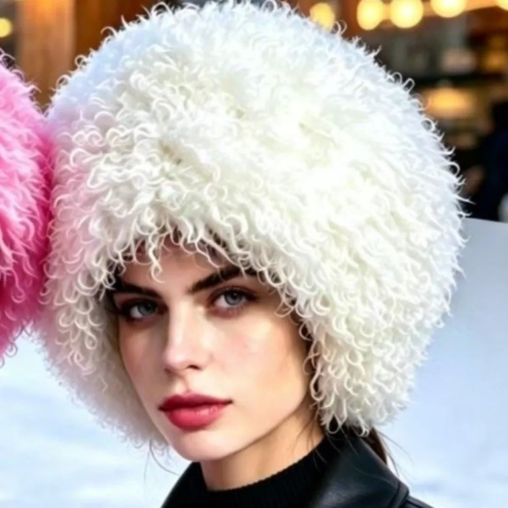Warm Thick Warm Curly Faux Fur Bucket Hat Face Slimming Plush Fisherman Cap Soft Polyester Snow Hat Daily Wear