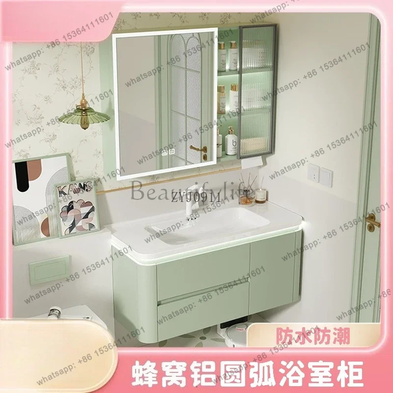 Green honeycomb aluminum arc bathroom cabinet combination ceramic integrated basin with drawers ambient light bathroom