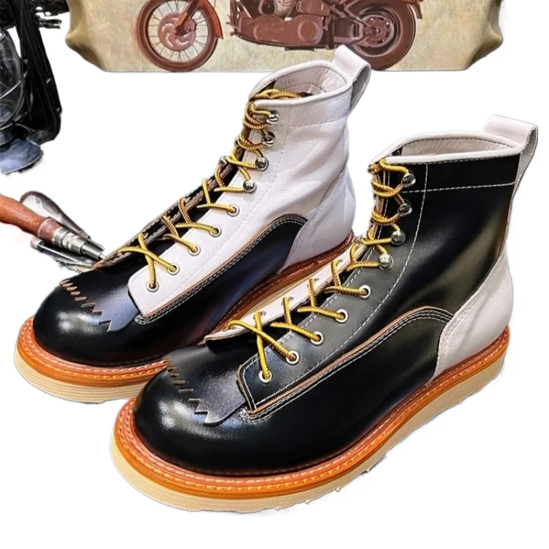 

Мотоциклетные ботинки из натуральной кожи в британском стиле, мужские высокие кеды, рабочая мода, походные ботинки челси на толстой подошве со шнуровкой, мужские