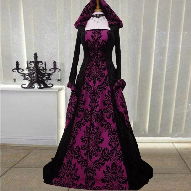 Gothic Hood Floral Dress Vampire Victorian Costume Women Dark Medieval Renaissance Queen Gown Robe Dress For Adult Plus Size