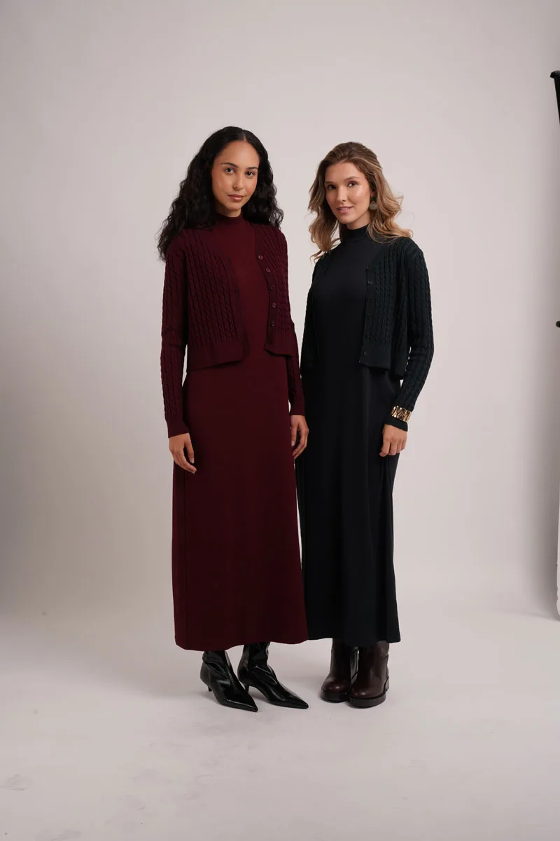 AS AW26 V-Neck cableknit cardigan + ribbing mockneck dress maxi length match for lady wear