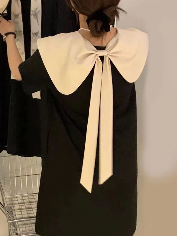 plus Size Doll Collar Loose Women's Dress Summer New Style Tea Break Belly Covering Slimming Long Dress Korean Style High Waist