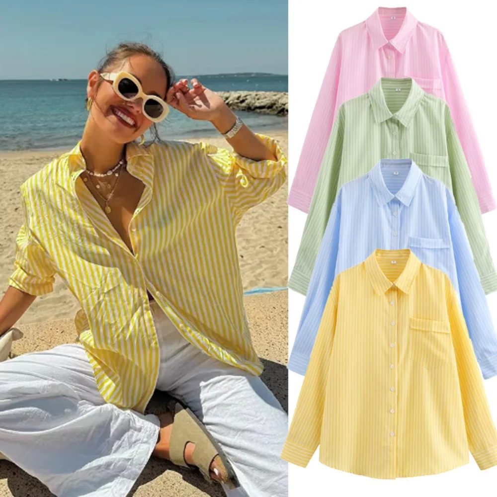 

Classic Striped Sun Protection Long Sleeve Shirt Spring and Summer Women Fashion Soft Cool Versatile Offices Campus Casual Shirt