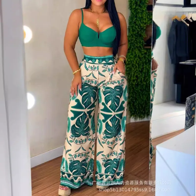 

2024 Spring Summer New Women's Clothing Tropical Plant Print Wide Leg Trousers Casual