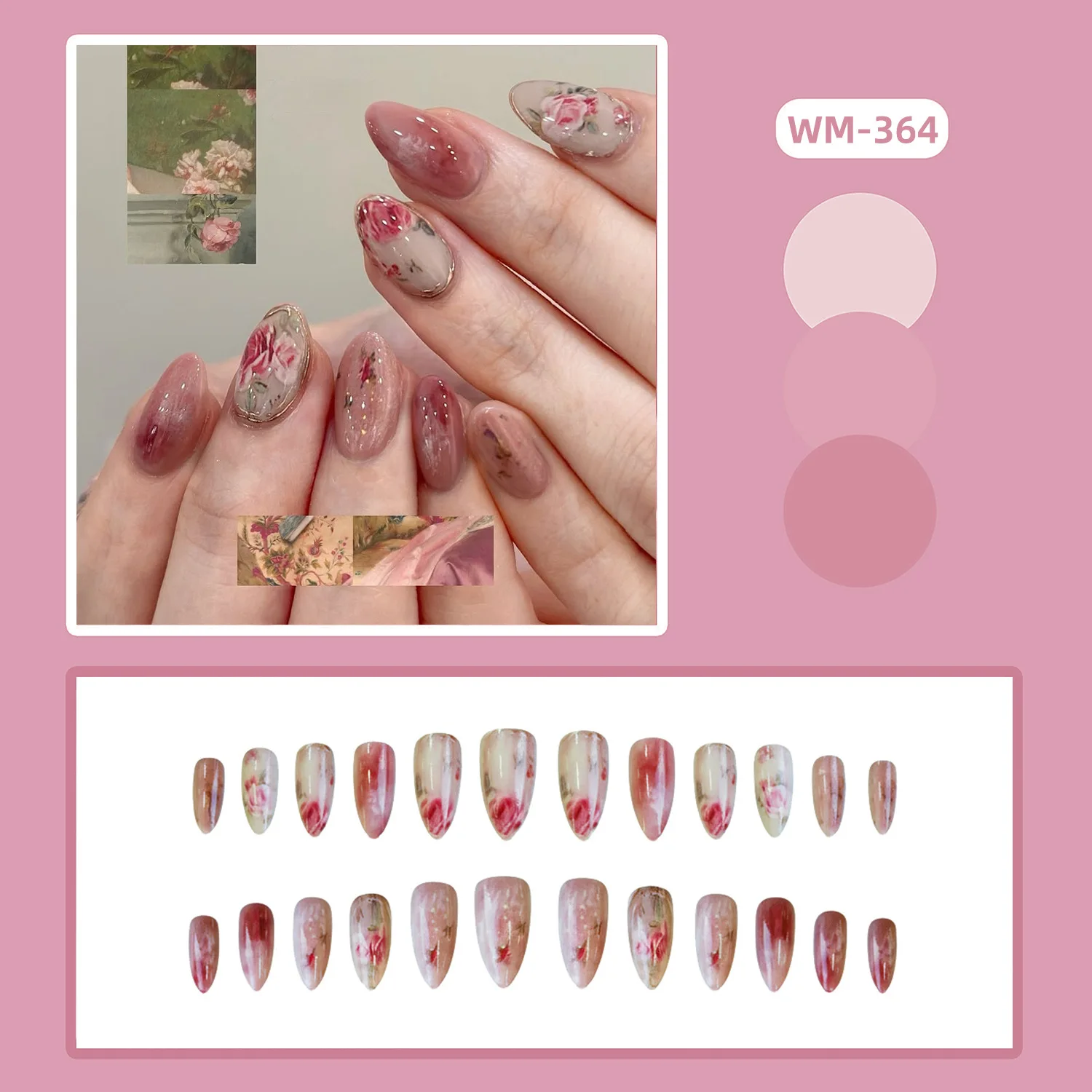 

24PCS Almond Press on Nails Pink Roses Smudge Sweet Oil Paintings Fake Nails for Girls Women Retro Flowers French Wearable Nails