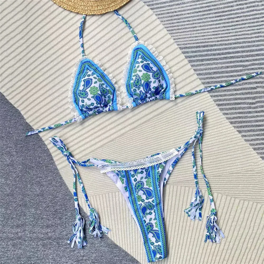 Maillot de bain deux pièces imprimé floral bleu, sexy, micro string, bikini, string, col licou, mini, triangle, ensemble, pour la plage