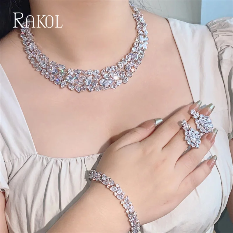 RAKOL Luxury Full Zircon Setting Bridal Jewelry Sets for Women 3 Piece Set Necklace Earing Bracelet Fashion Wedding Accessories