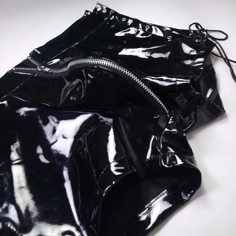 2018 Men\'s Black Sexy Tight Leather Latex PVC Shorts Men Patent Micro Mini Pole Dance Hip-hop Drawstring Hotpants