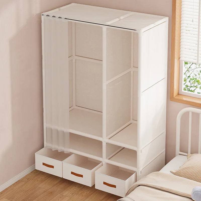 Simple Assembly Wardrobe With Drawer For Bedroom Dustproof Clothing Stotage Cabinet Hanger Home Furniture Organizer Shelves