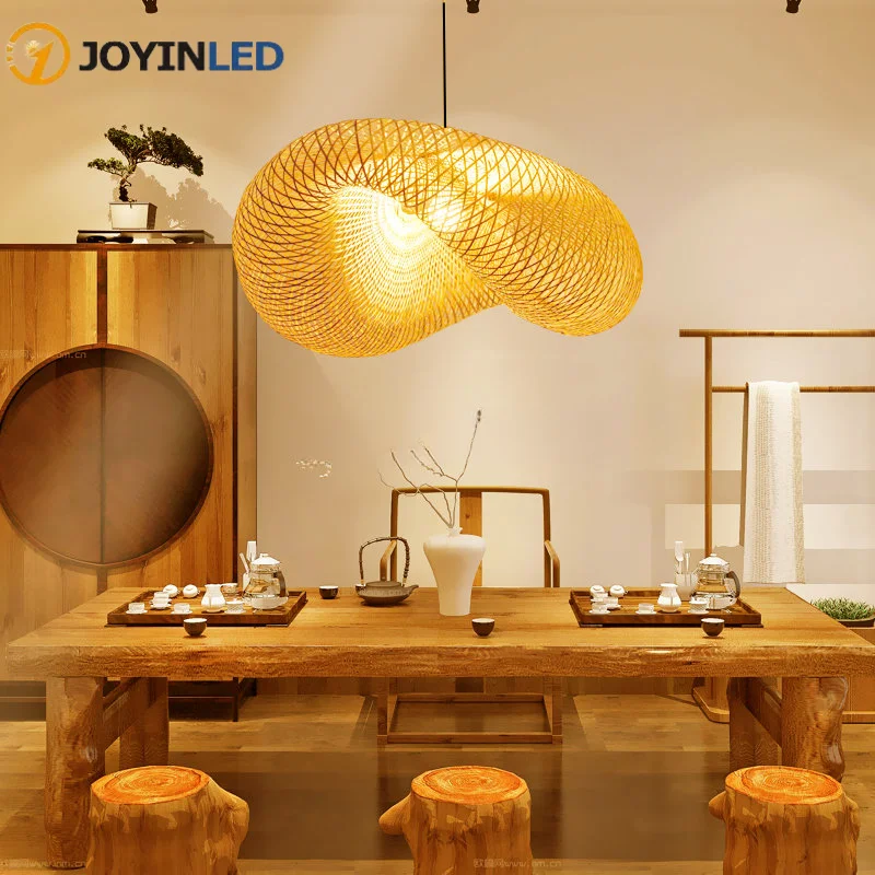 40cm Chinese Handmade Bamboo Suspension Lamp Wicker Rattan Wave Shade Pendant Lamps for Restaurant Aisle Tea Room House Indoor