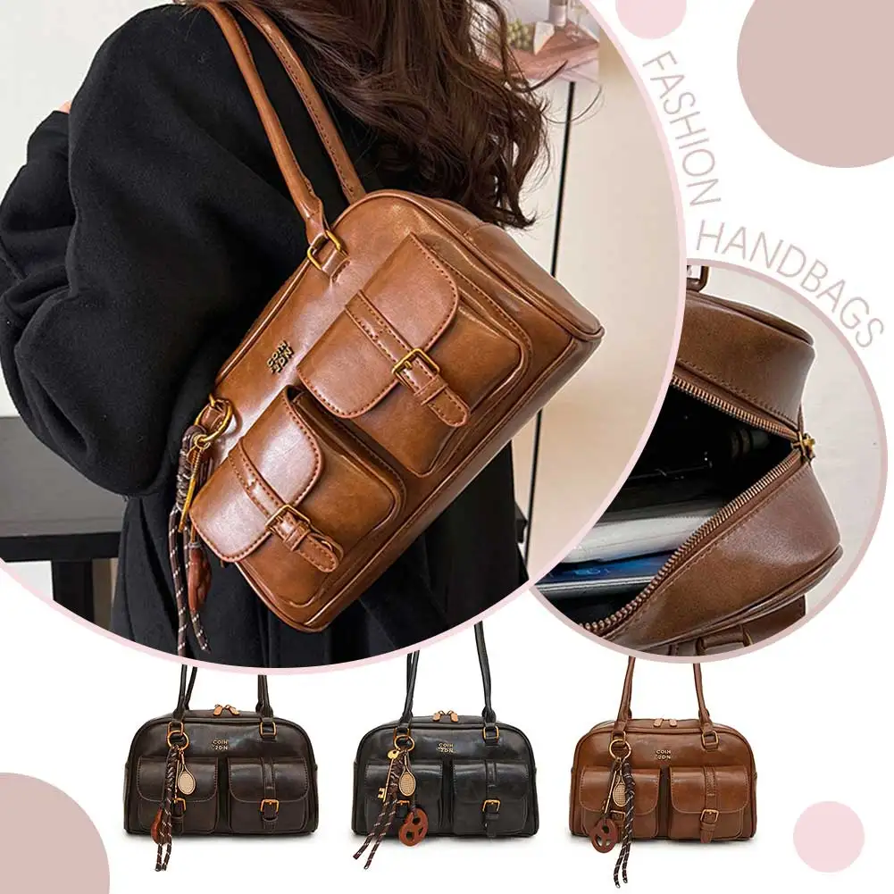 

Women Multi Pockets Shoulder Bag with Pendant Retro Underarm Bag Vintage Armpit Bag Travel Shopping Date Handbag