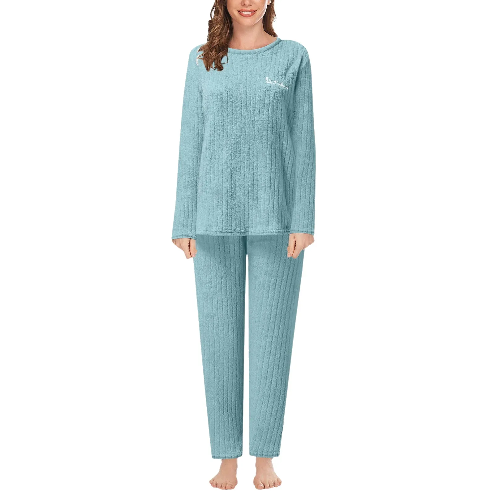 Women's Warm Pajamas Set Fuzzy Pajama Solid Color Sets Loungewear 2 Piece Sets Cozy Fleece Round Neck Oversized Pullover Pants