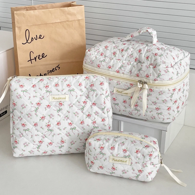 Rose Bow Cosmetic Bags for Women Travel Portable Sweet Floral Ladies Makeup Case Storage Bag Casual Clutch Purse Female Handbags