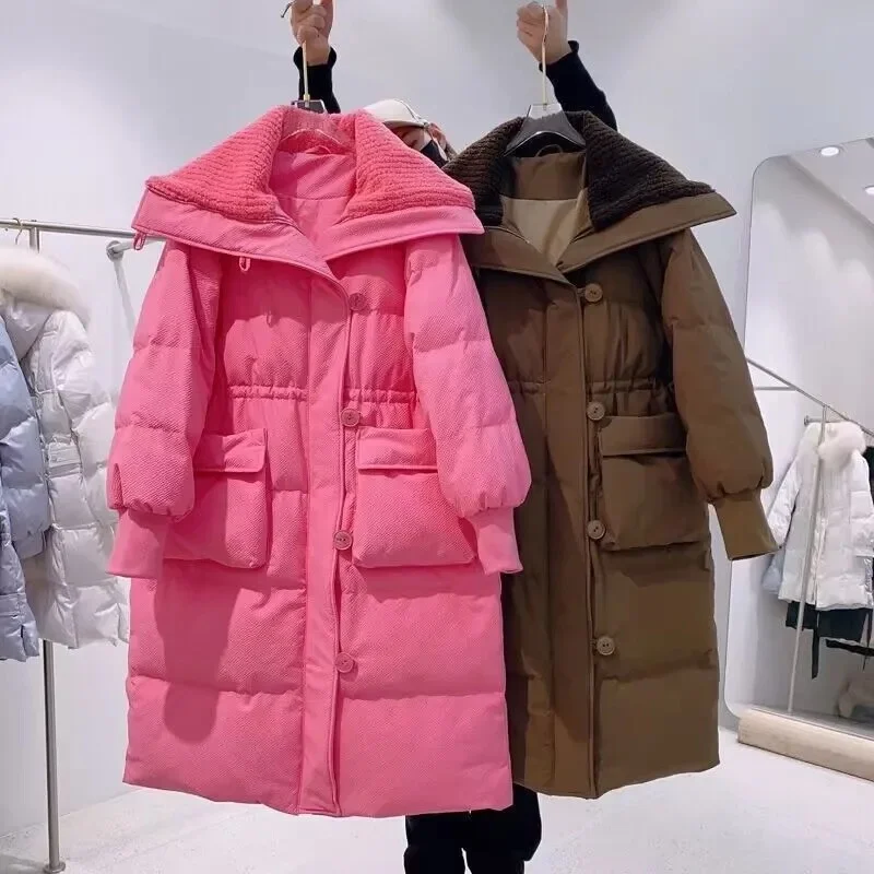 Large Lapel Down Cotton Padded Jacket For Women Medium Length Rose Pink Smallshaking Sound Korean Version Waist Closing Foreign