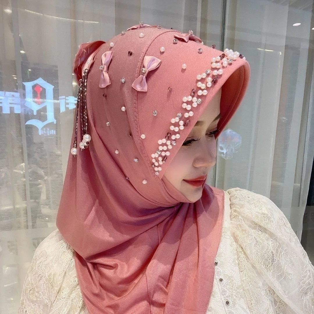 Pearls Bow Decor Moslem Sweet Girls Shawls Hat Hijab Wraps