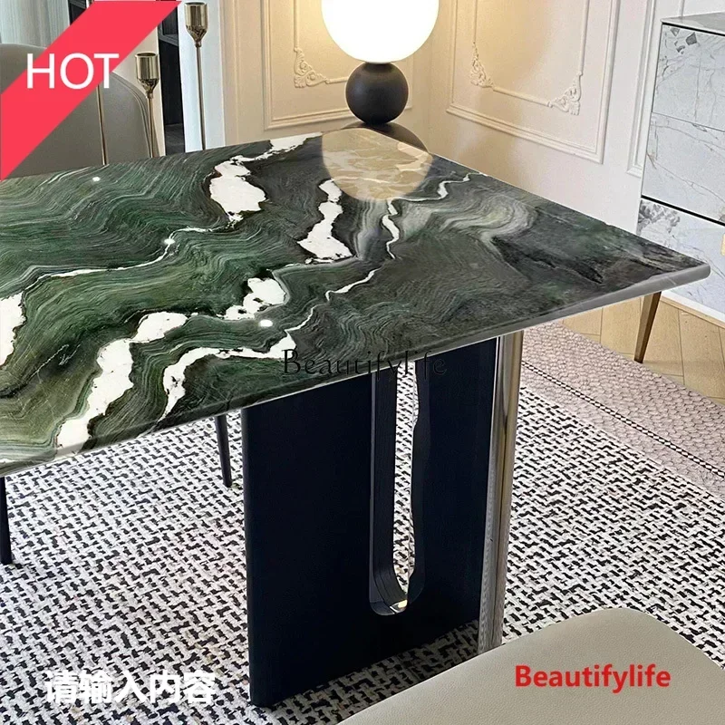 

style Mica green natural marble dining table modern simple household solid wood high-end luxury stone dining table ss 8617