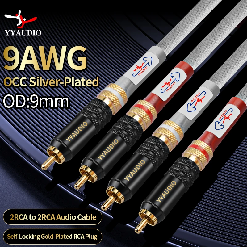  YYAUDIO 7N OCC Silver‑Plated 2RCA to 2RCA HIFI Interconnect Cable 12 Strands Braided Wire Self‑Locking Gold‑Plated RCA Plug