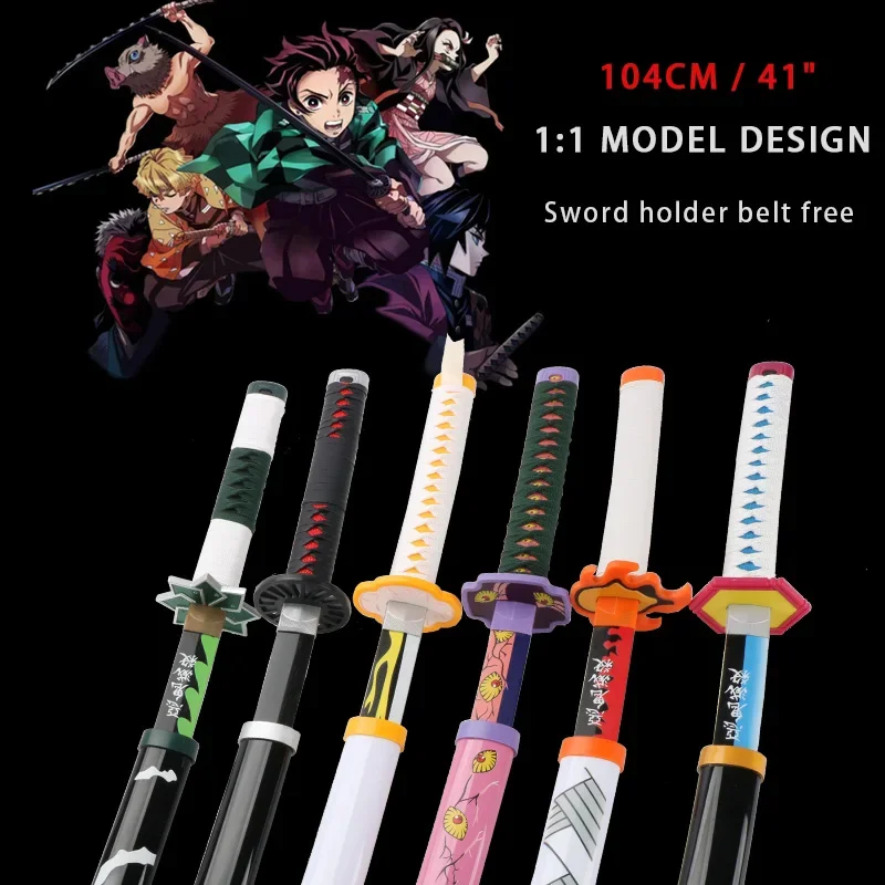 104cm Demon Slayer Katana Sword Kimetsu no Yaiba Wooden Cosplay Anime Weapon Sword Toy Katanas with Display Stand and Belt