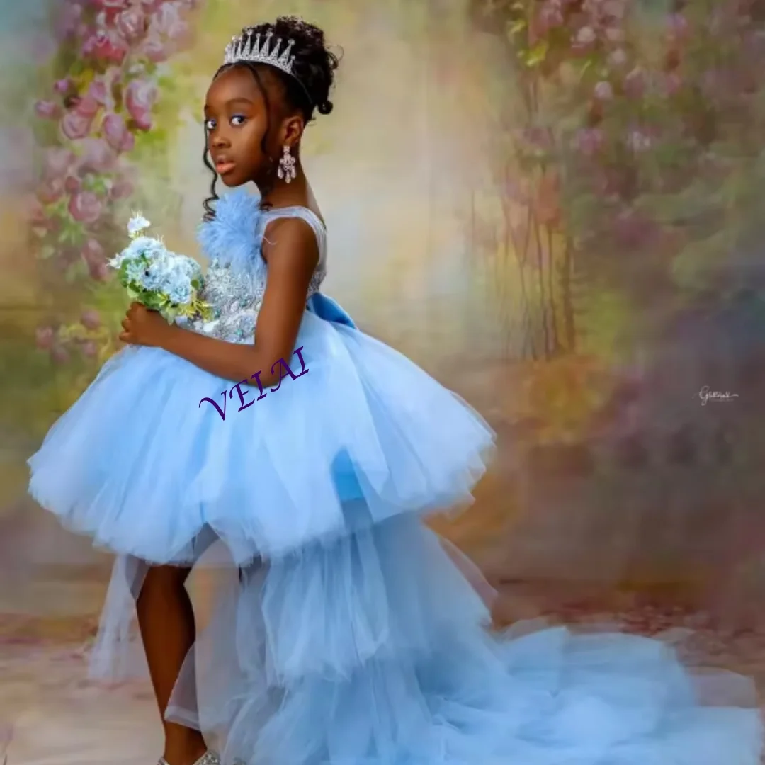 Assymetrical Blue Princess Dress for Girls Customized Lace Print Wedding Party Flower Girl Outfit with Trailing Appliqué