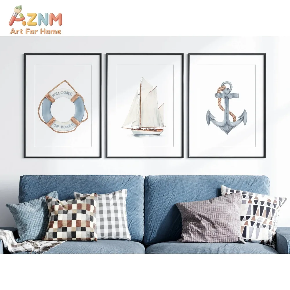 AZNM 3Pcs Nautical Canvas Wall Art, Sailboat Anchor Lifebuoy Print Frameless Canvas Painting, Coastal Ocean Theme Living