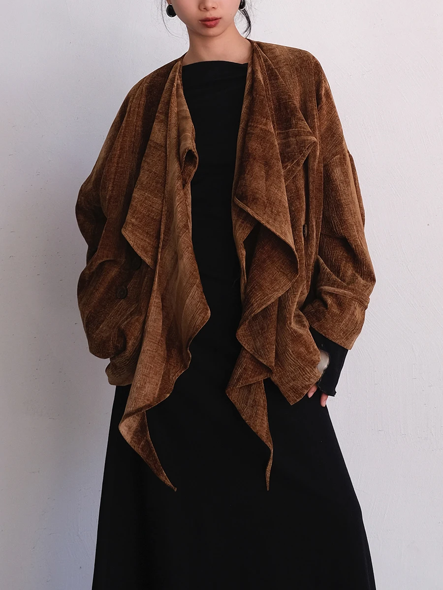 

Новое китайское бархатное жакет с воланным воротником и коричневым пышным пальто для женщин свободного покроя повседневного ношения