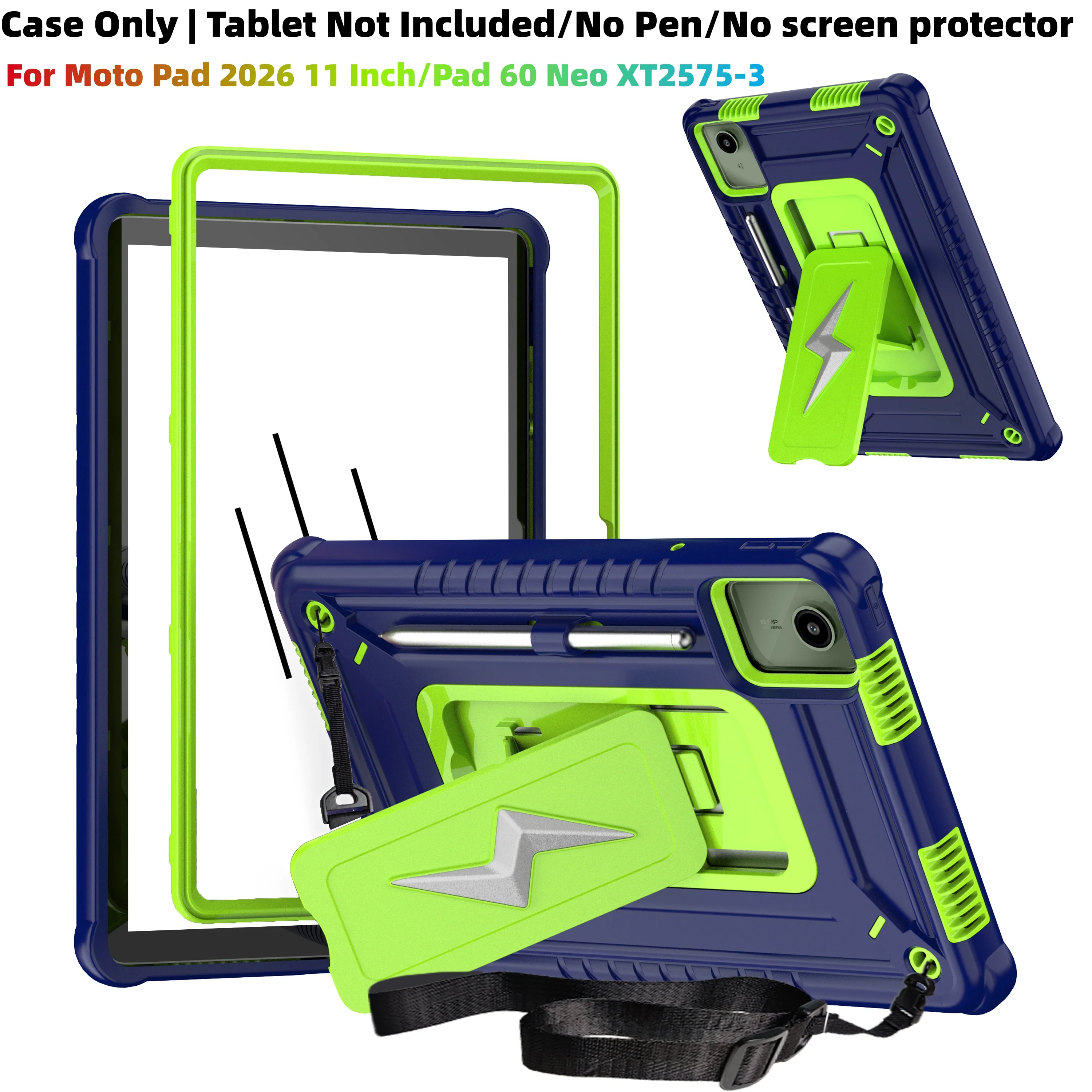 Case for Moto Pad 11 Inch/Pad 60 Neo XT2575-3 Tablet Built-in Shoulder Strap&Kickstand-Soft Silicone Hard Back Shockproof Cover