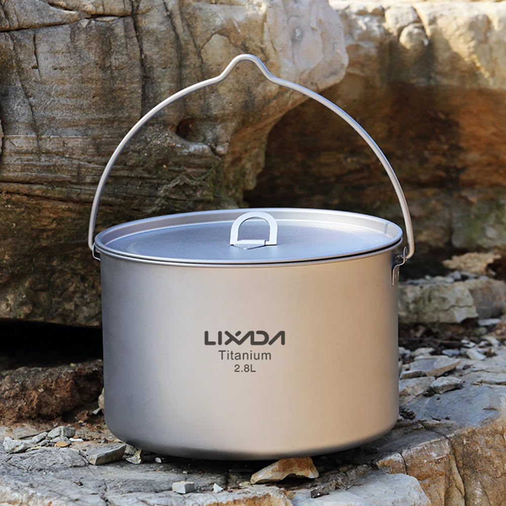 Lixada 2.8L Titanium Pot Ultralight Portable Hanging Pot with Lid Outdoor Camping Hiking Backpacking