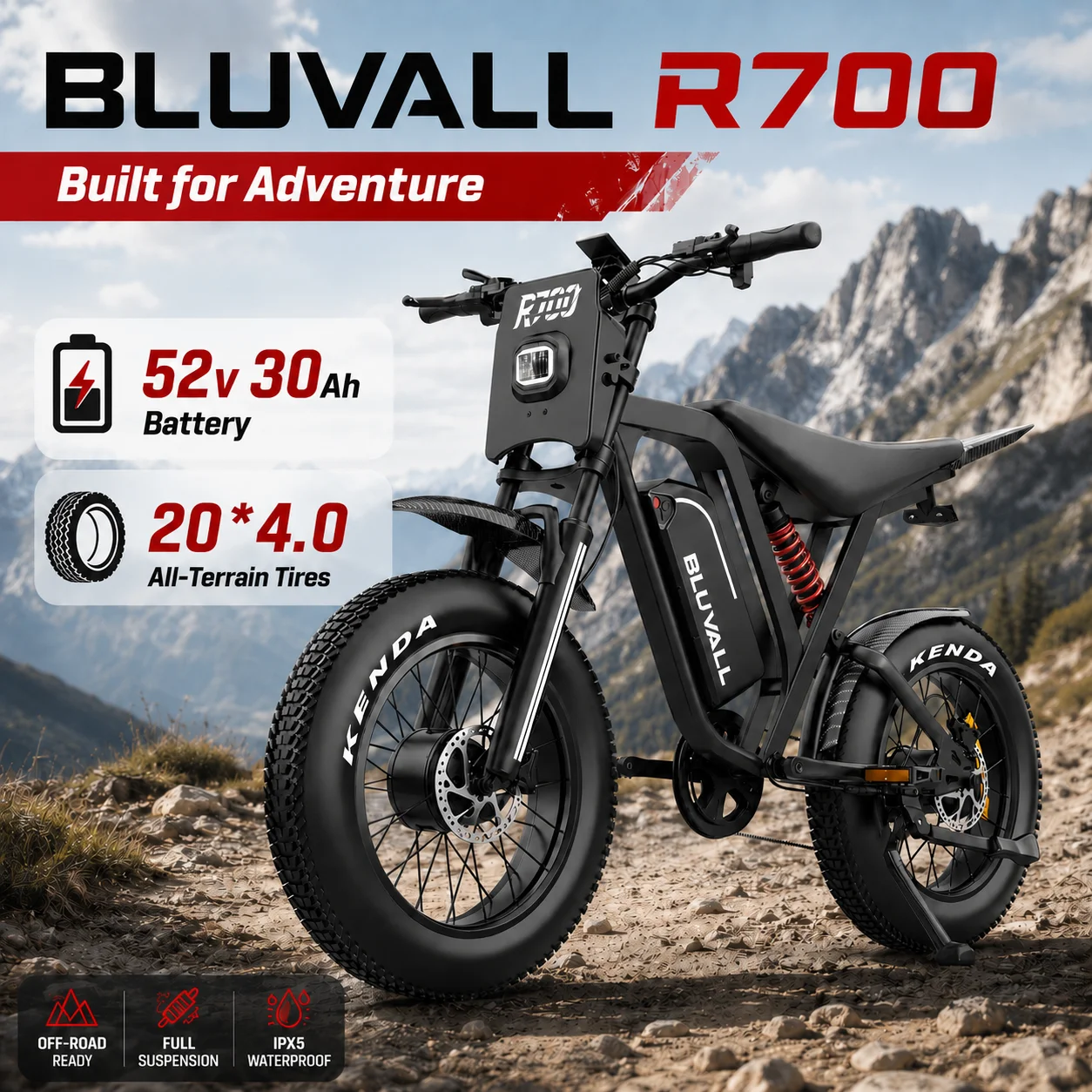 BLUVALL R700 Electric Bike 52V 30Ah/25AH High Capacity Battery 70KM Max Range 20X4.0 Fat Tire Lockable Suspension Turn Signal Light Adult Offroad E Bike