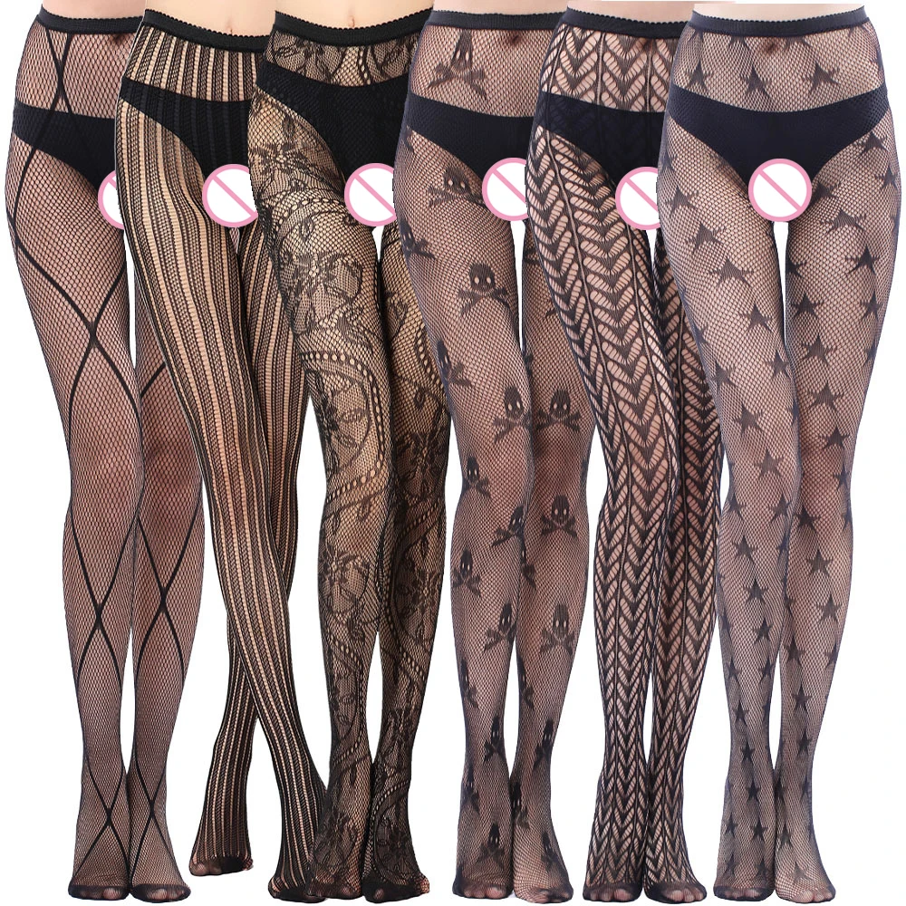 Hot Women Sexy Stockings Fishnet Mesh Tights Club Party Nylon Fish Net Stockings Stars Flowers Skull Gothic Lace Pantyhoses New