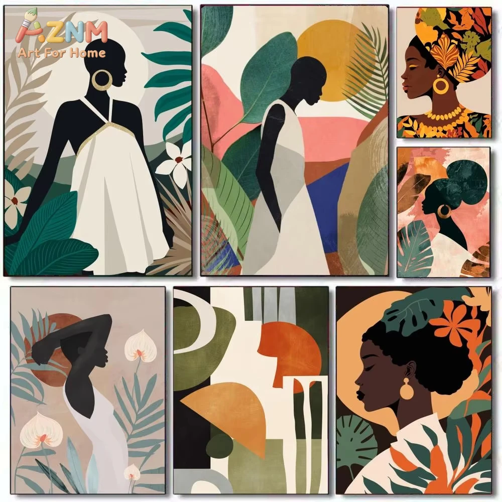 

1 шт. Абстрактная картина с изображением африканской женщины, цветов и листьев, каллиграфия, современный холст, постер для декора дома, гостиной, общежития, настенное искусство