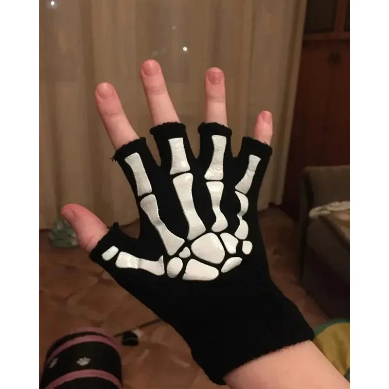 2/4Pairs New Adult Kids Halloween Skeleton Skull Half Finger Luminous Punk Gloves Winter Skull Fingerless Black Mitten