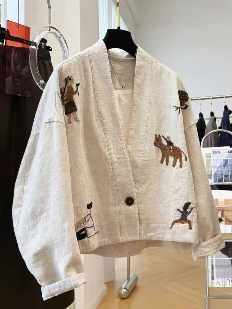 

Embroidery Jackets for Women Y2K Spring Loose Single Button V Neck Coats Korean Long Sleeve Casual Female Outerwear New