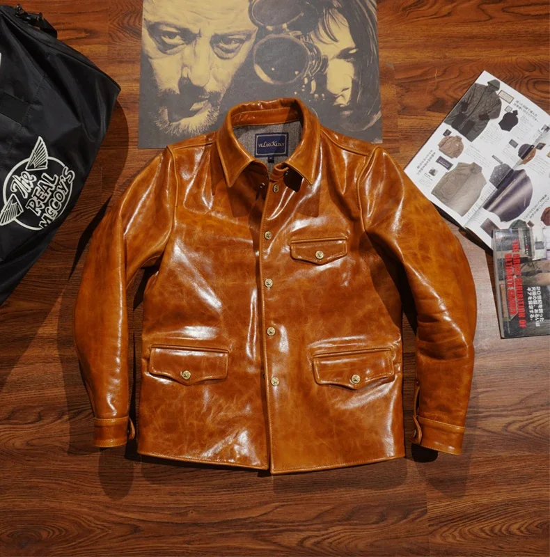 shipping.Outlet YR!Free American retro genuine leather jacket.1.3mm honey wax men's horsehide coat.safari vintage brakeman