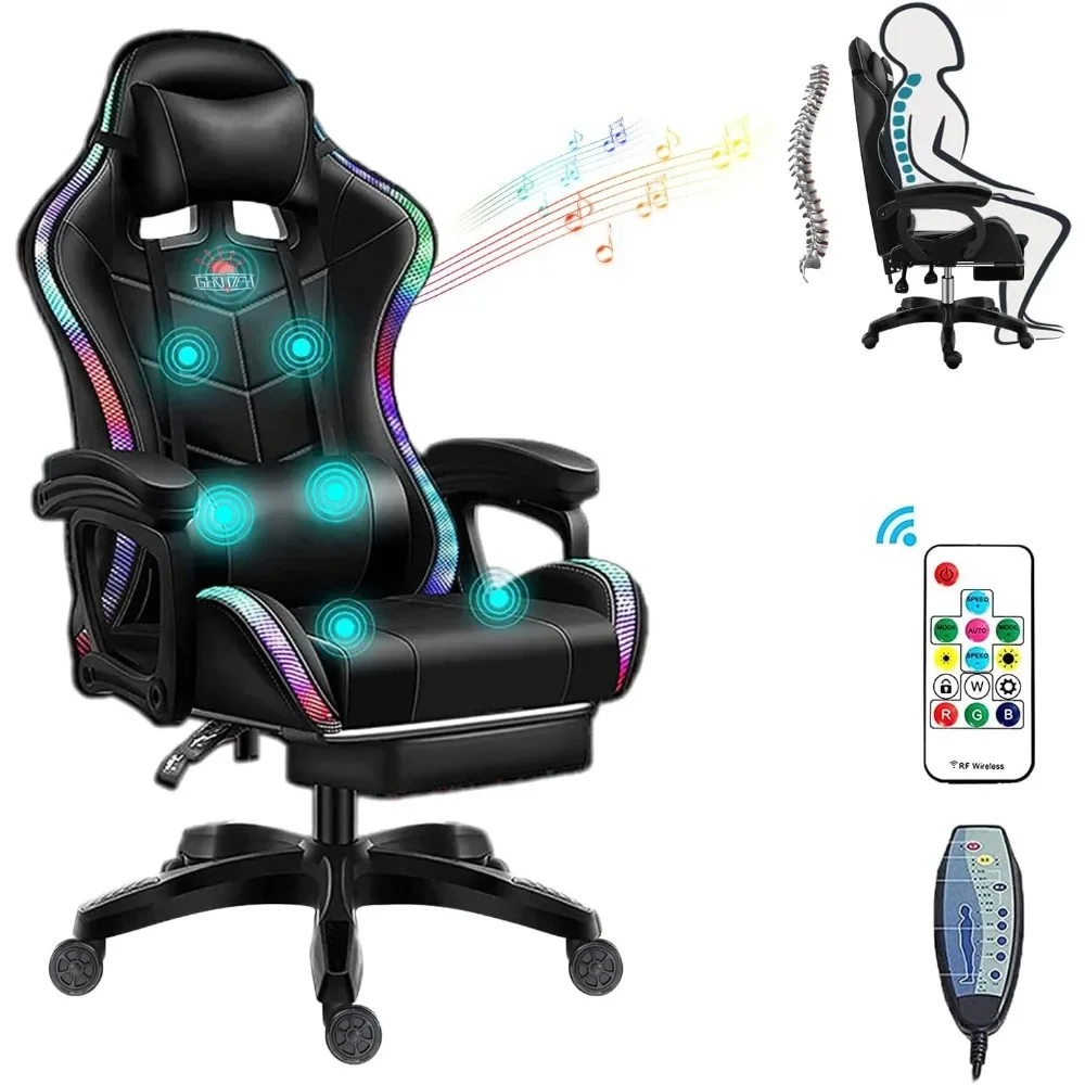 

RGB Gaming Chair with Massage and Footrest Large with Speakers and LED Light Effect, 90°-135° Adjustable Reclining Gamer Chair