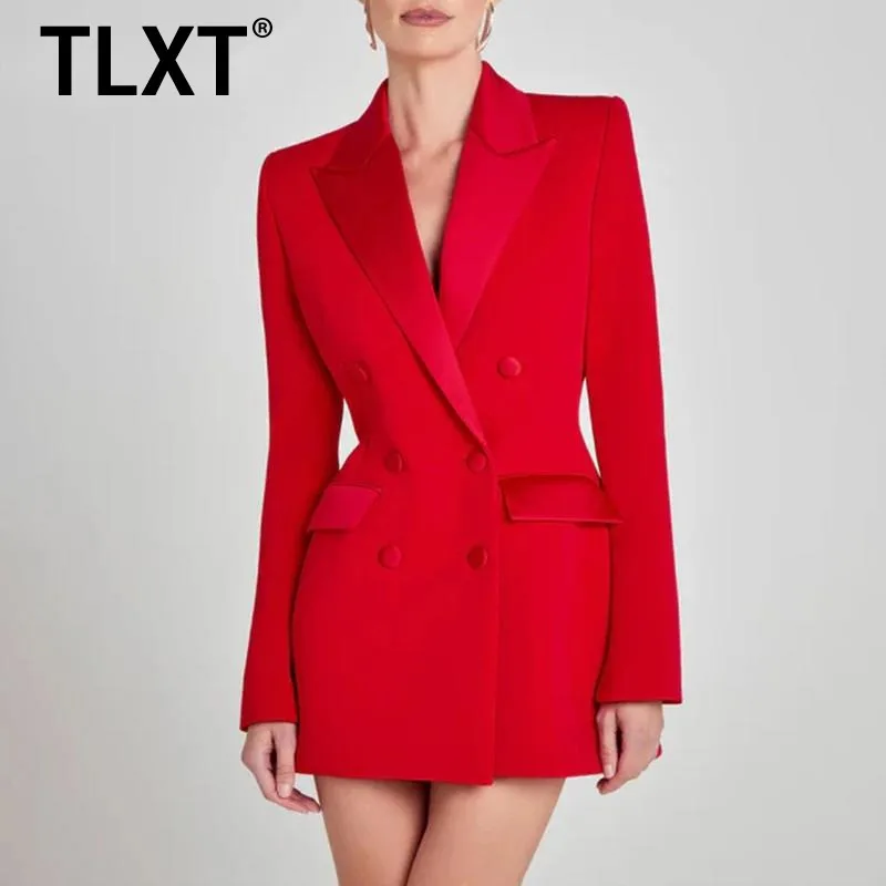 

TLXT Temperament Gathered Waist Blazers For Women Lapel Double Breasted Elegant Office Lady Jacket Female 2025 Autumn New XK1435