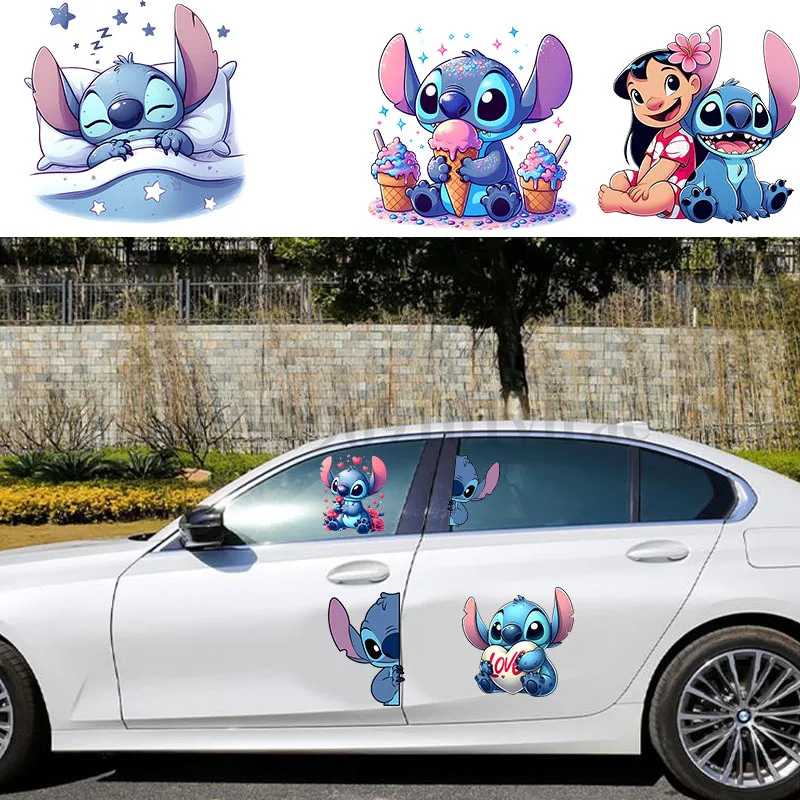 Lilo ve Stitch Motosiklet Çıkartmaları Araba UV DTF Etiket Windows Kawaii Dikiş Disney Dekorasyon Araba-şekillendirici Aksesuarları Araba