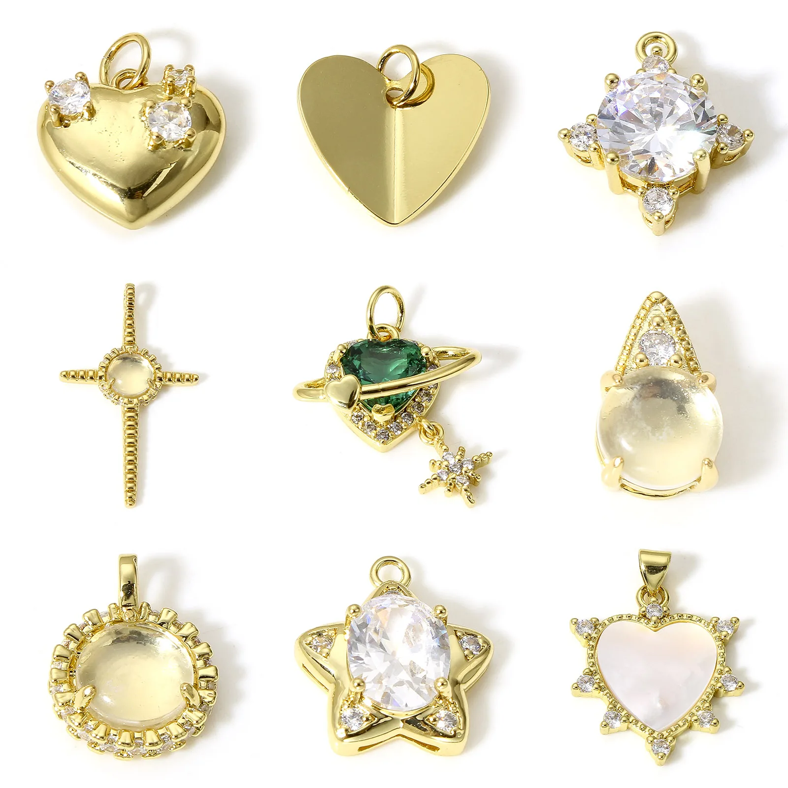 1pc New Fashion Copper Charms Gold Color Star Heart Rhinestone Pendant DIY Necklace Earrings For Women Party Jewelry Findings