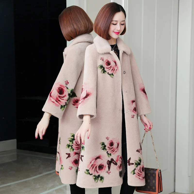 YOLANFAIRY 100% cappotto di lana donna nuovo in Outwears abbigliamento donna inverno giacca lunga stampa collo di pelliccia di visone cappotti