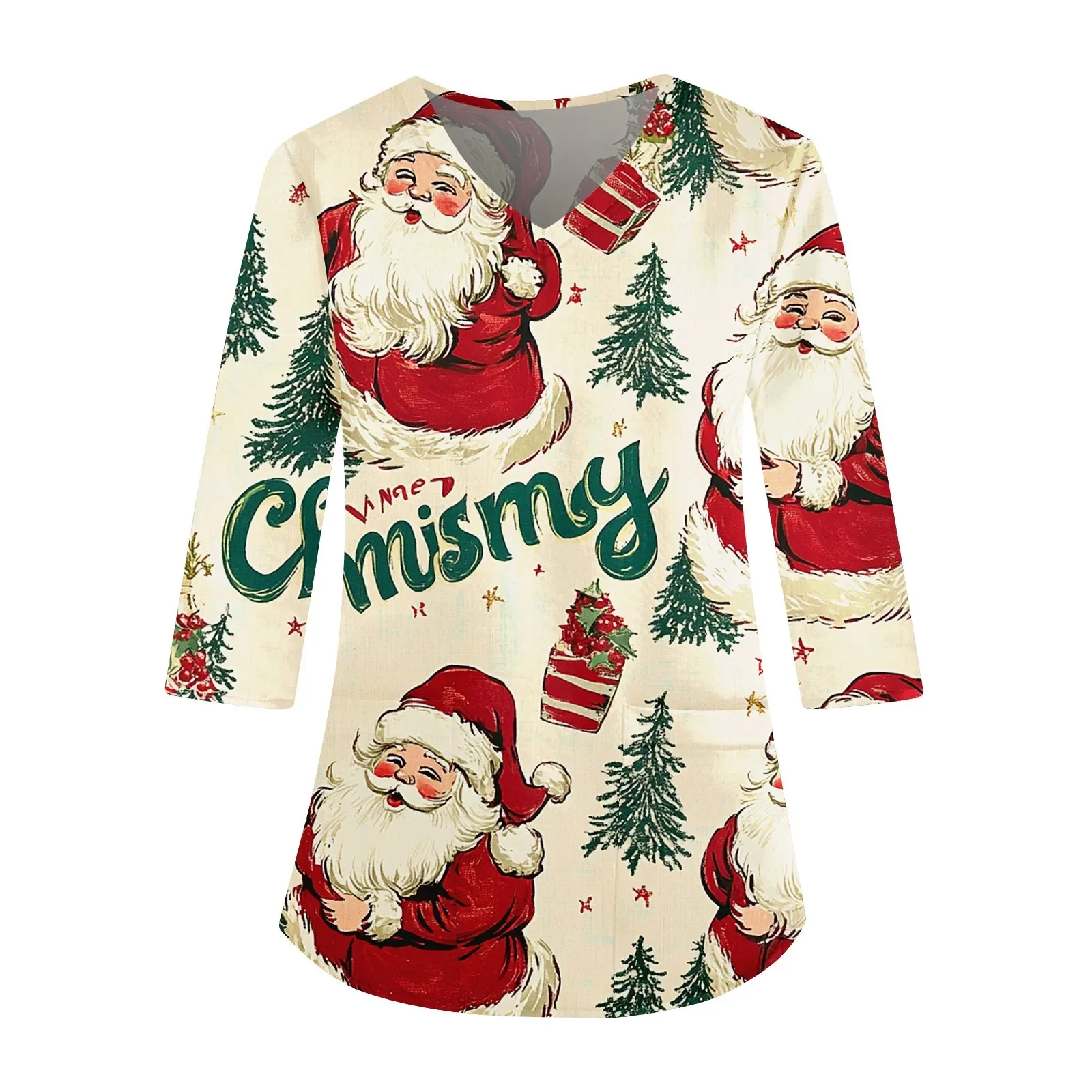 Christmas Clinical Fashion V-Neck  Medical Uniform Woman Snowman Cartoon Print Vet Nurse Tops V-Neck Long Sleeve Patch Pocket Wo