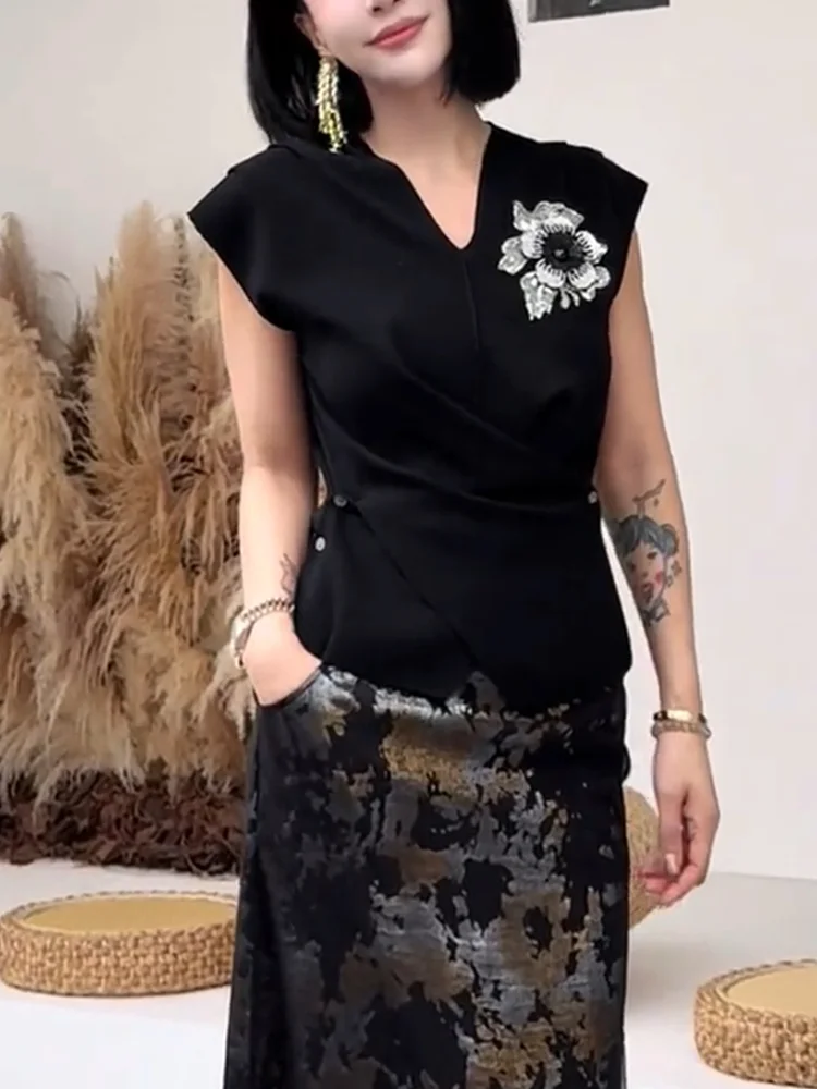 

Футболка с V-образным вырезом и эффектом похудения, корейский стиль, для повседневной носки, большие размеры, летняя одежда для любого типа фигуры