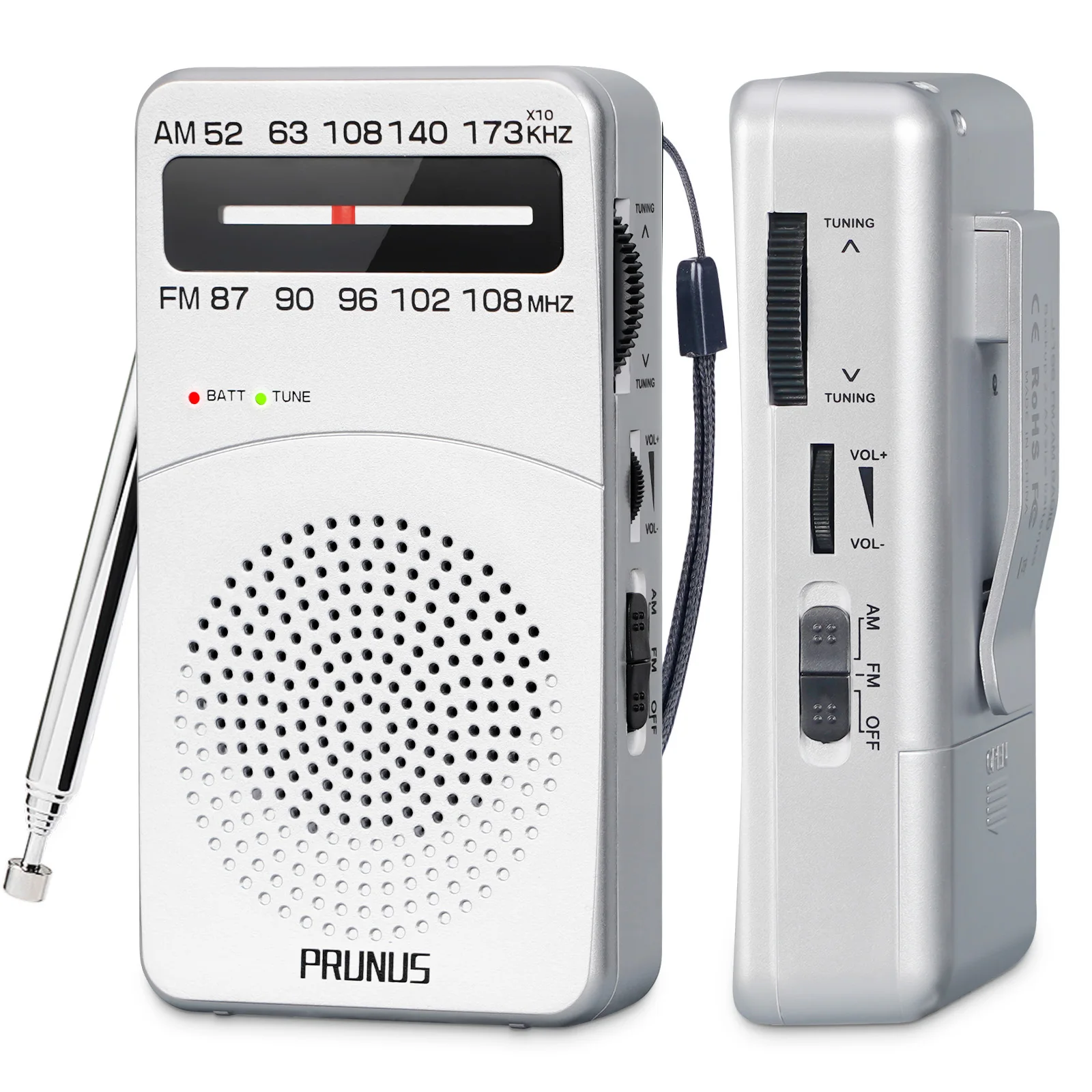 PRUNUS J-166 ポータブルラジオ AM FM バッククリップ、優れた受信、AM