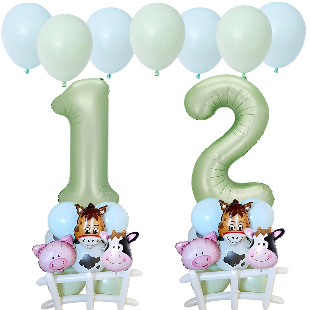 23pcs Carton Farm Animal Balloon Tower Green Number Foil Balloon Set for Kids Farm Animal Happy Birthday DIY Party Decorations