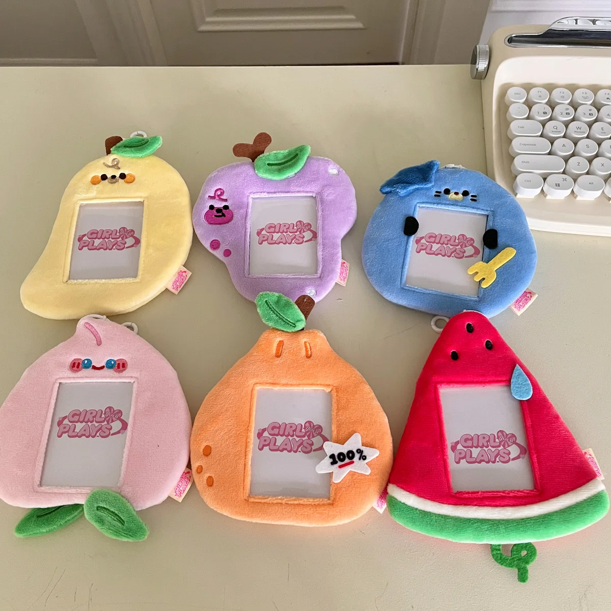 Kawaii Cartoon Fruit Series Soft Plush 3 Inch Kpop Photocard Holder Photo Card Holder Bag Pendant School Stationery