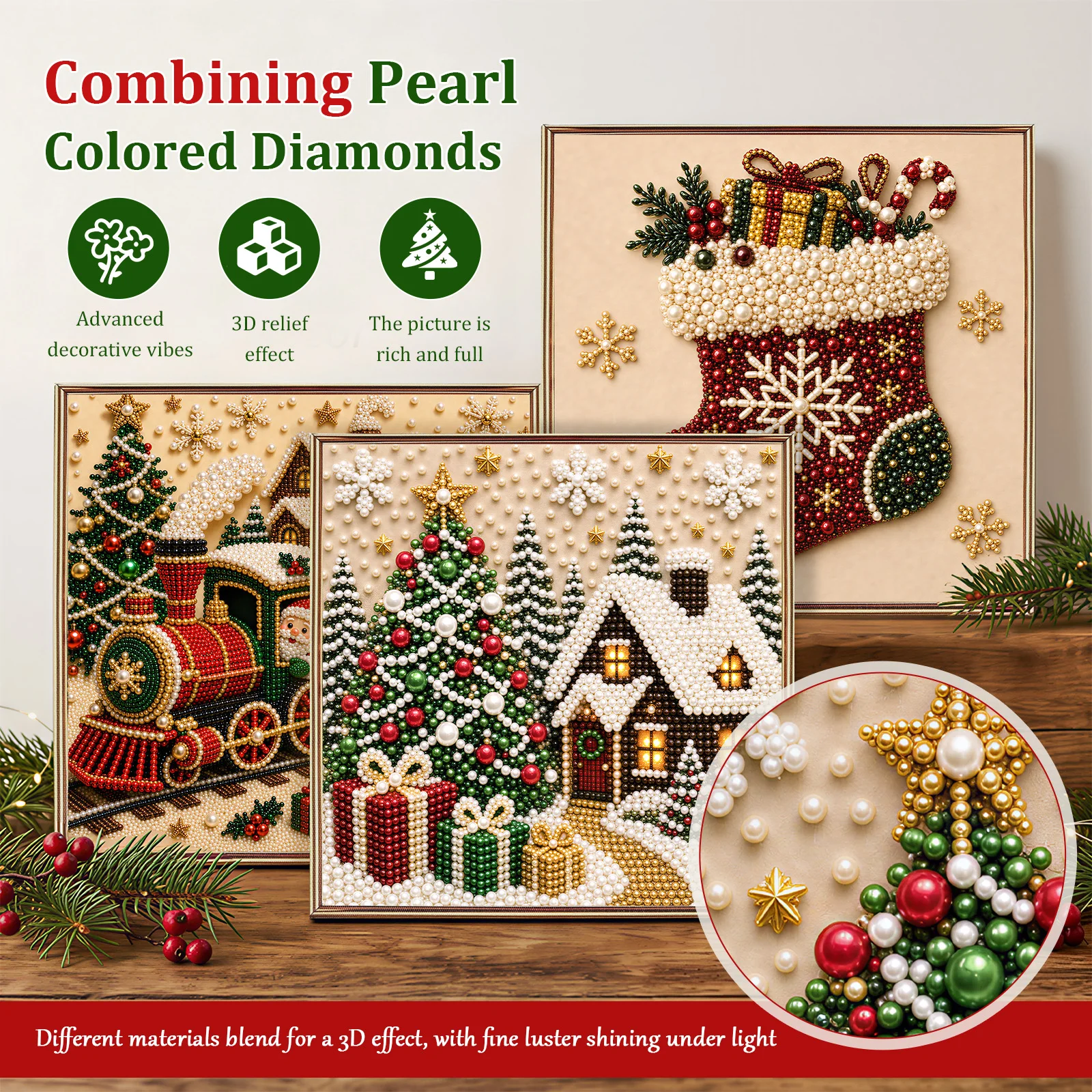 3Pcs Cartoon Christmas Pearl Diamond Art Painting Kit Beginner Friendly Framed Diamond Art Craft Projects for Desk Shelf Display