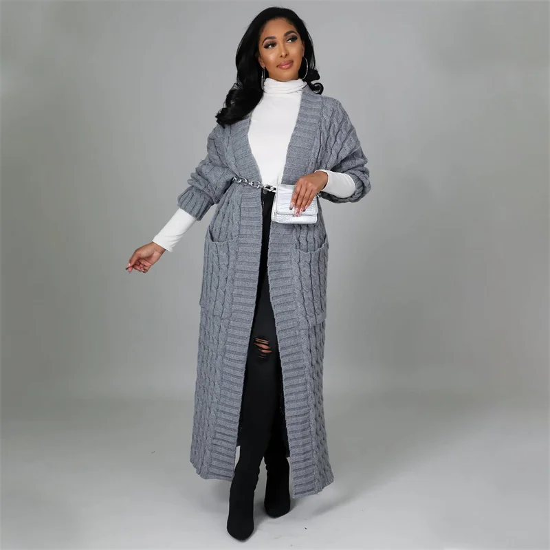 Robe Cardigan tricotée côtelée pour femmes, vêtements d'hiver chauds à manches longues, Maxi, poches élégantes, robes droites longues