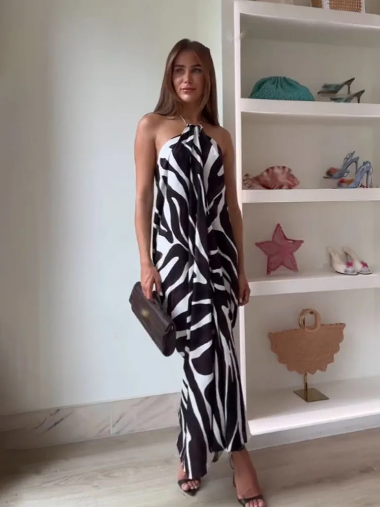 

HH Female New Fashion Chic Dresses Printing Sleeveless Backless Lace-Up Decoration Women's Summer Elegant Long Dress