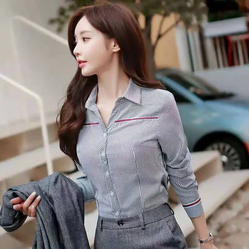 

Long Sleeved Striped Professional Gray Shirt for Women Spring Autumn Casual Temperament Slim Fit Tops Fashion Women Clothing