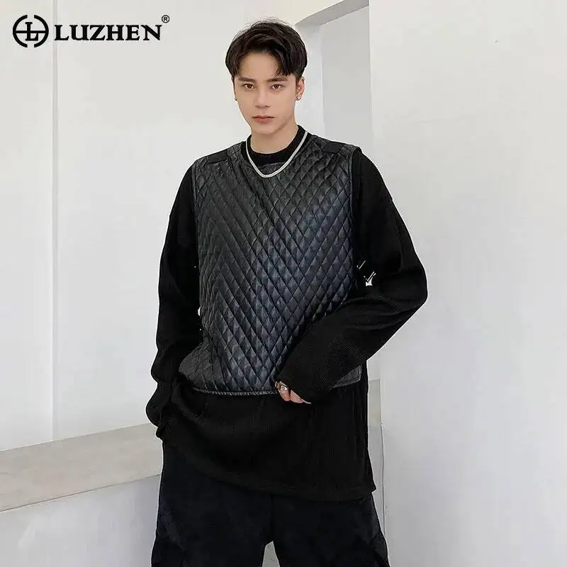 

LUZHEN 2026 Новая Оригинальная Мужская Модная Майка-Пуловер с Круглым Вырезом и Тиснением в Клетку, Однотонная, Повседневная, Стильная, JY6423