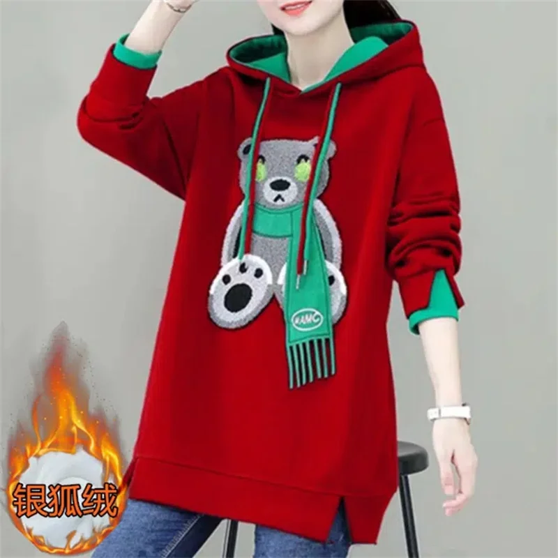 Plus Velvet Fashion Cartoon Hoodie Women\'s 2023 Autumn Winter Thick Loose Top Casual Embroidery Splicing Coat Sports Shirt Femal